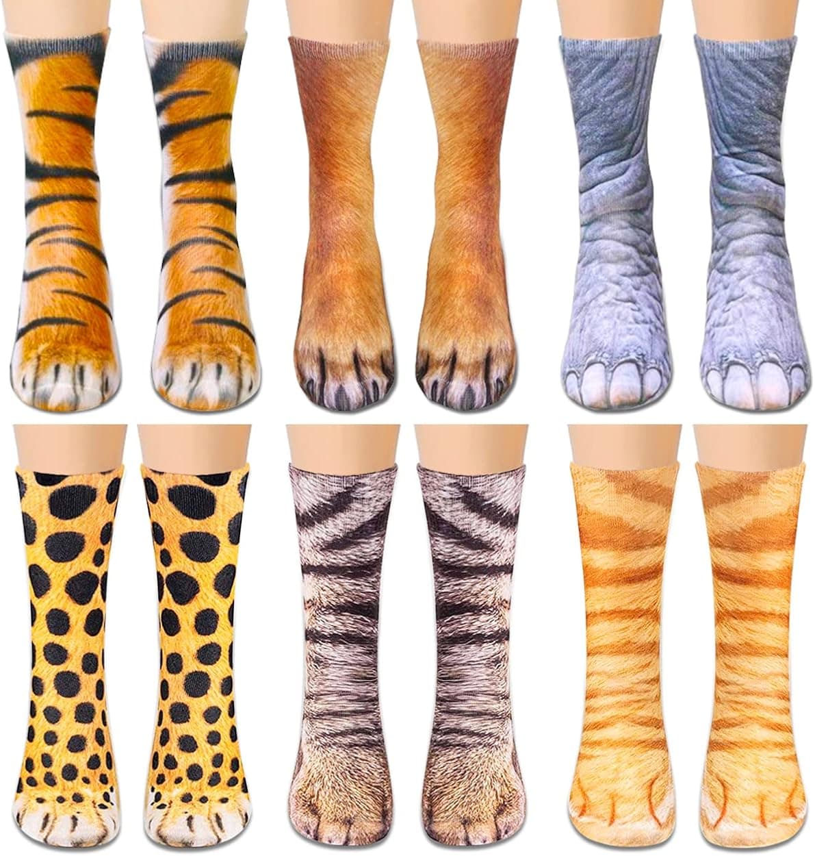 Funny Animal Paw Socks, 6 Pair Crazy Socks Cat Claw Socks Novelty Crew Socks for Men Women Kids Christmas White Elephant Gift
