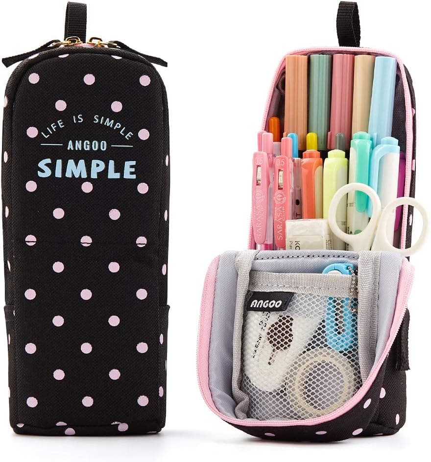 ANGOOBABY Standing Pencil Case Pencil Pouch Pen Bag for Teen Girl Boy Students (Black Pink Dot)