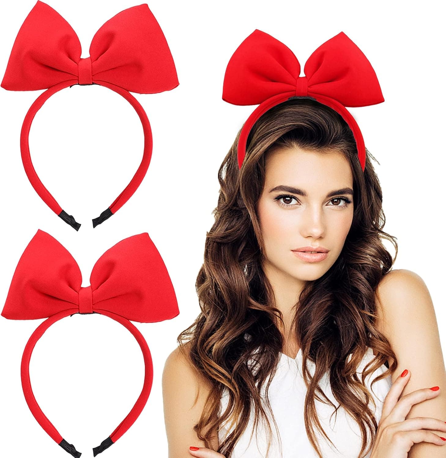 2Pcs Halloween Red Bow Headband Christmas Red Big Bowknot Cute Girl Adult Party Decoration Headdress Christmas Cosplay Costume Halloween Makeup Handmade Headdress Hair Band Bow Headbands for Women Girls