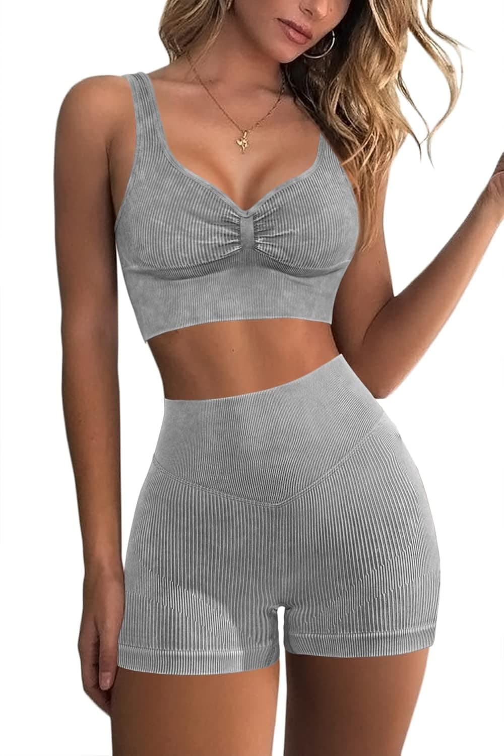 Mulisky Workout Sets for Women 2 Piece Ribbed Seamless Sport Bra High Waist Running Shorts Matching Gym Yoga Outfits