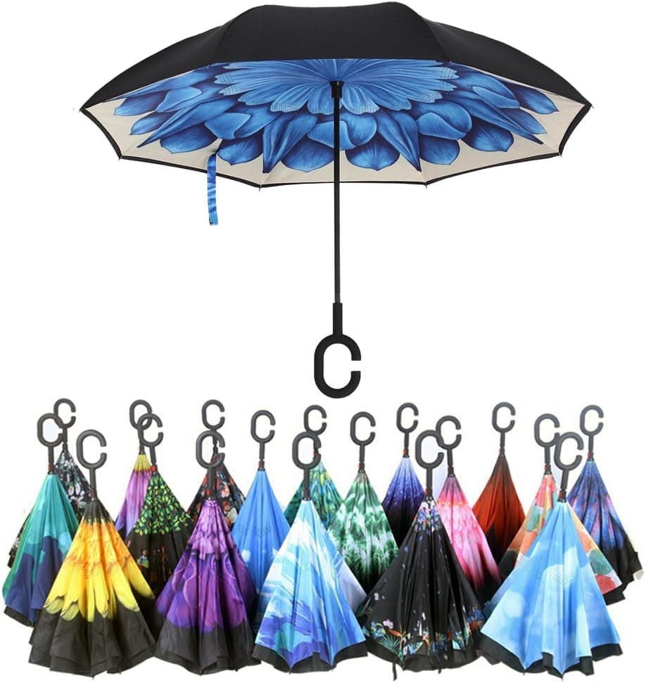 Double Layer Wind Proof,UV Proof Reverse Folding Inverted Umbrella Travel Umbrella with C Shape Handle and Carrying Bag