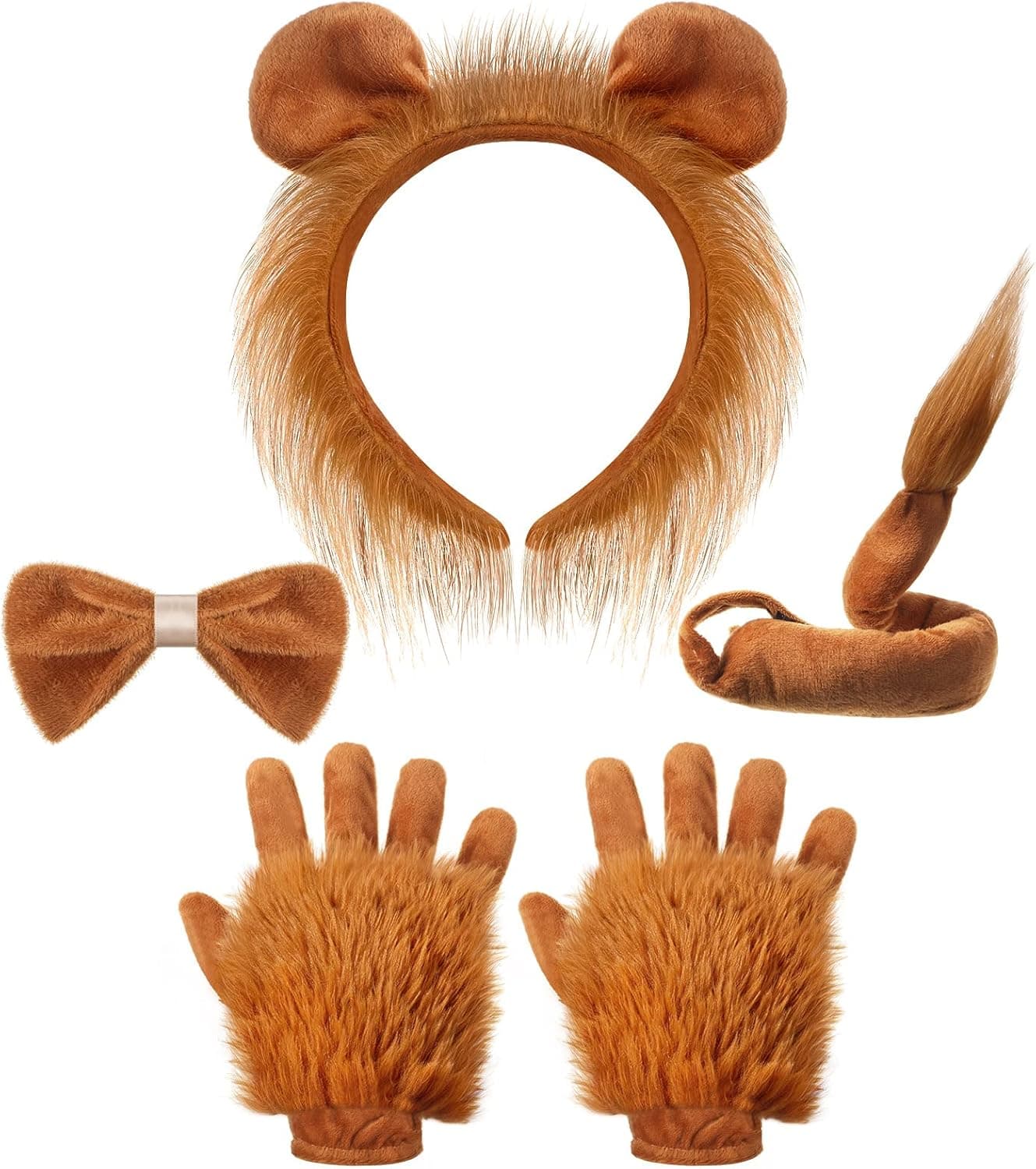Haysandy 5 Pcs Lion Costume Set Ears Headband Paw Gloves Bow Tie and Tail Brown Fancy Dress Kit Accessories for Kids Halloween Party Celebrations Parties up