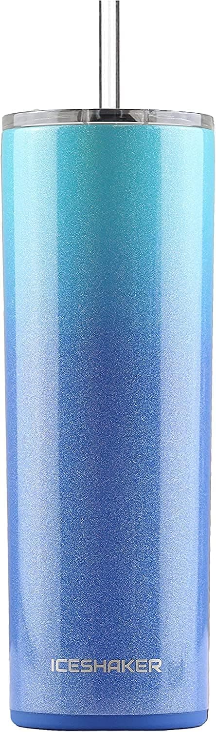 Ice Shaker 20 Oz Skinny Tumbler, Insulated Water Bottle with Straw, Stainless Steel Water Bottle, As Seen on Shark Tank, Water Bottle with Straw, Ocean
