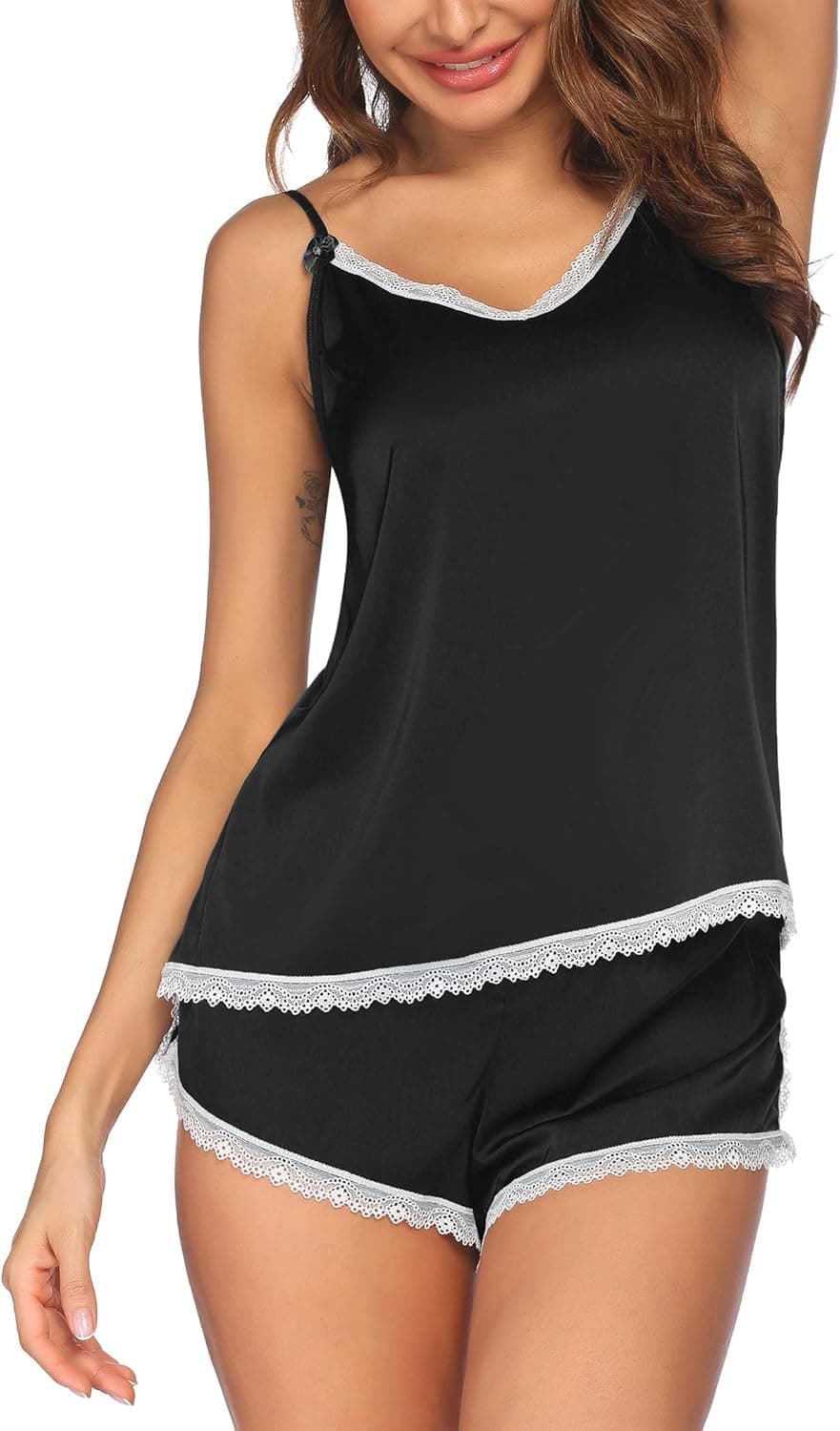 Ekouaer Silky Pajama Sets Womens Sexy Lingerie Satin Pajamas Cami Shorts Set Nightwear Black Small