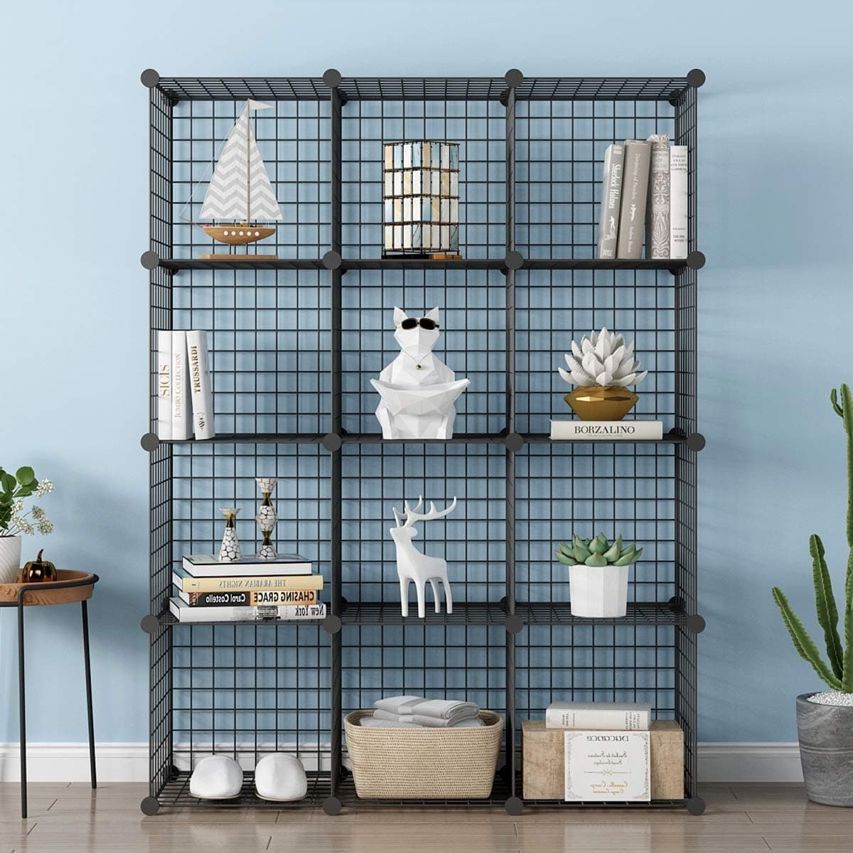 KOUSI Wire Shelf Storage Metal Shelves Modular Metal shelve Cubbies Organizer Stackable Cubes for Storage Cubby Unit Wire Bookshelf, Black 12 Cubes