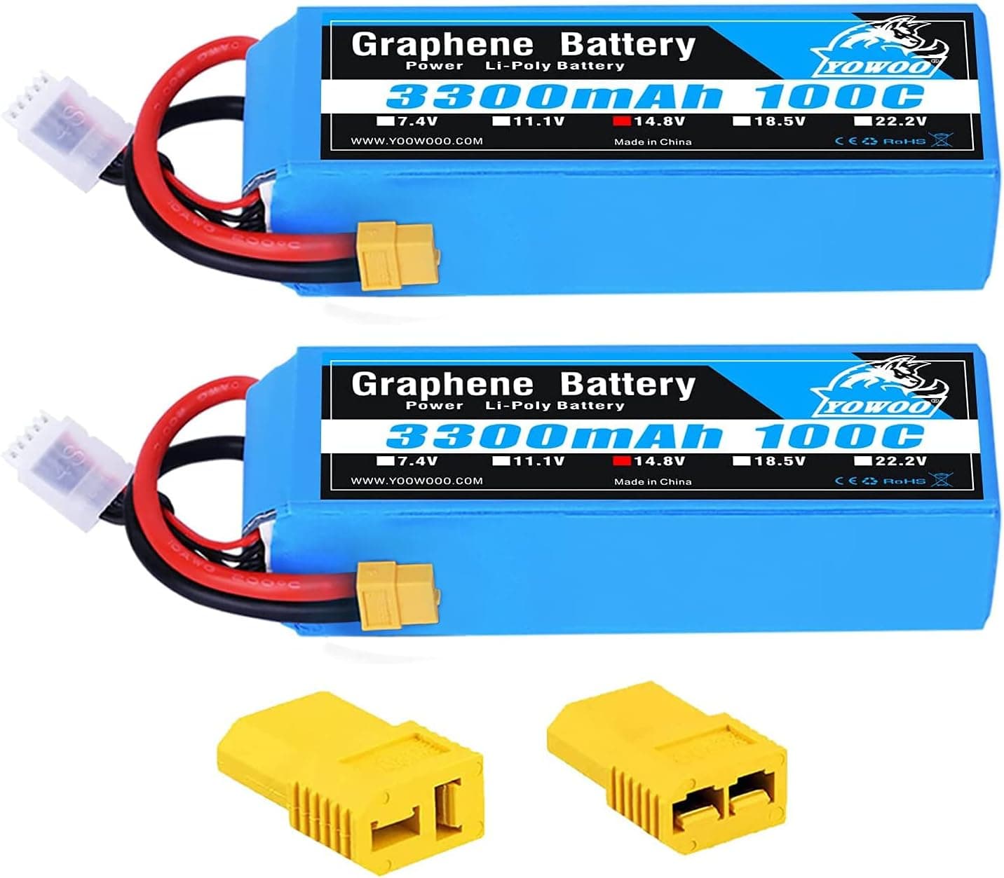 YOWOO 2 Packs Graphene Battery 14.8V 4S Lipo Battery 100C 3300mAh Soft Case RC Battery with XT60 Plug for RC Airplane Helicopter RC Boat UAV Drone FPV RC Car Truck Boat (Deans/Tracxas Adapter)