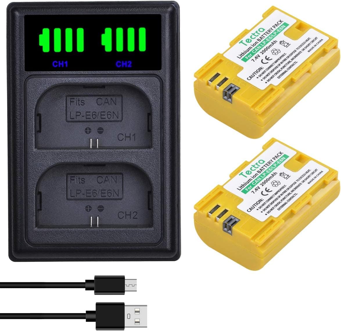 Tectra 2-Pack LP-E6 LP-E6N Battery and LED Dual USB Charger for Canon EOS 5D Mark II, III, IV, 5DS, 5DS R, 6D, 60D,6D Mark II, 7D, 7D Mark II,70D, 80D, R, R5, R6, XC10, XC15