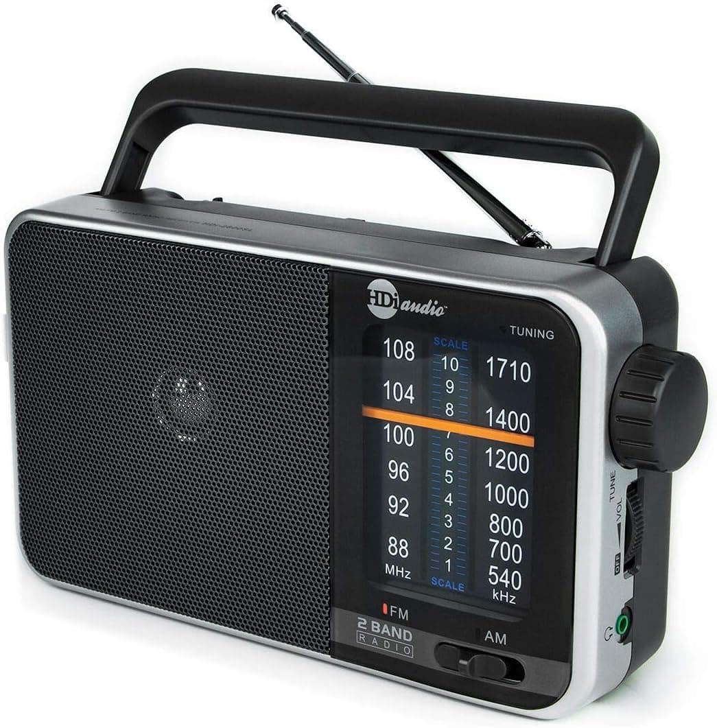HDi Audio Home Vintage Portable AM/FM Desktop Radio, Battery Operated, Or AC Power, | Headphone Jack | Big Speaker | Large Operated Analog Radio (Silver)