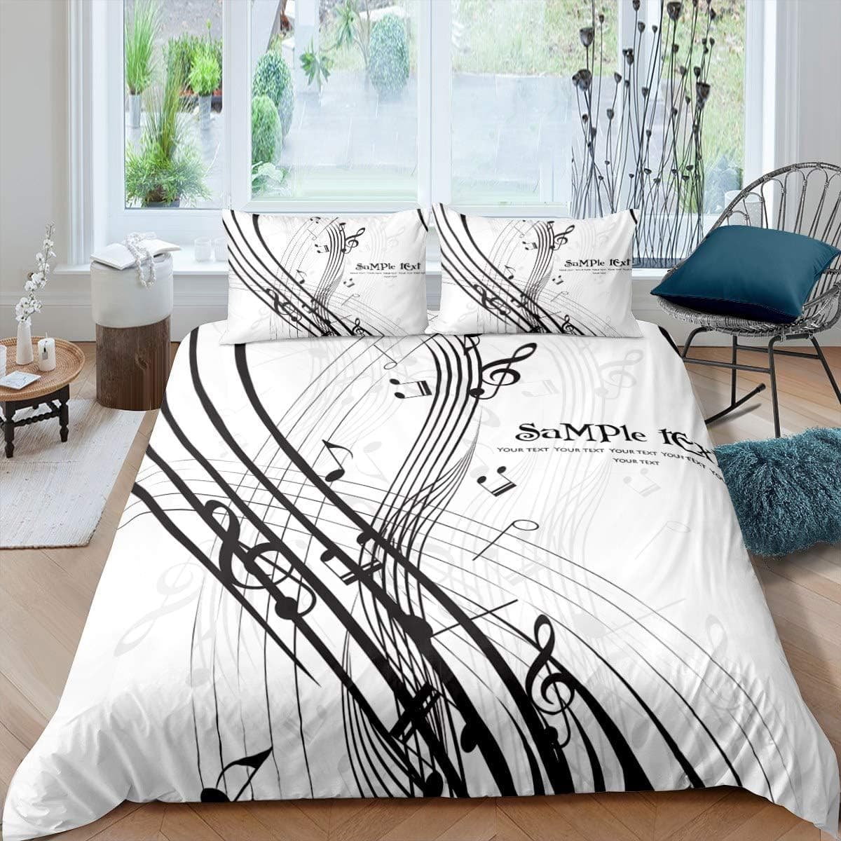 Feelyou Music Theme Comforter Cover for Woman Youth Teens Girls Black and White Bedding Set,Musical Notes Simple Style Duvet Cover Set Modern Minimalism Print,Decor 3 Pcs Queen Size