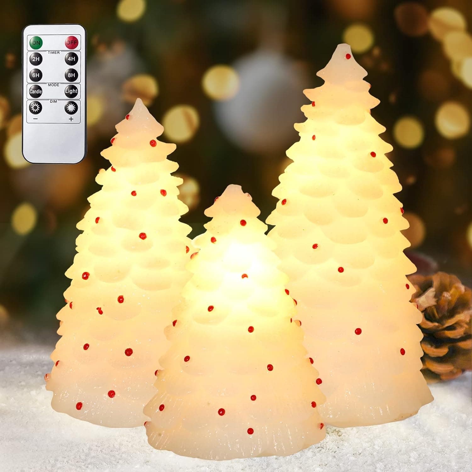 MELTONE CHERIMENT Christmas Tree Candles, Handmade Carved Flameless Candles with Remote & Timer, Real Wax Battery Candles for Xmas Party Bedroom Holiday Christmas Decorations, Set of 3