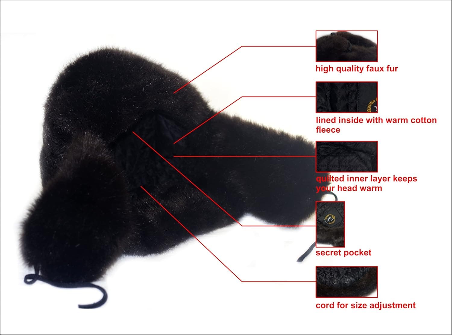 Russian Winter Ushanka Bomber Hat with Secret Pocket and Removable Soviet Emblem