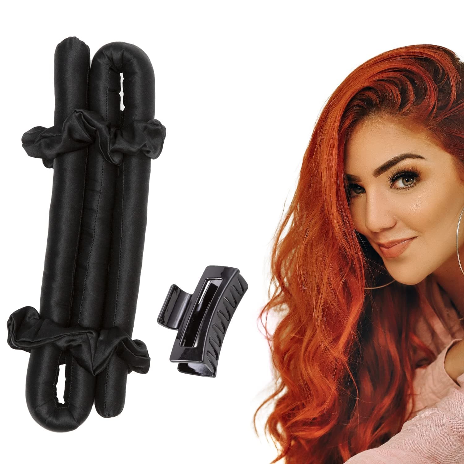 Heatless hair curler made from Authentic Grade 6A Mulberry Silk - 100% pure Silk Heatless Curling Rod Headband with 2 Silk Scrunchies and 1 Hair Clip - Heat damage free Black curlers set