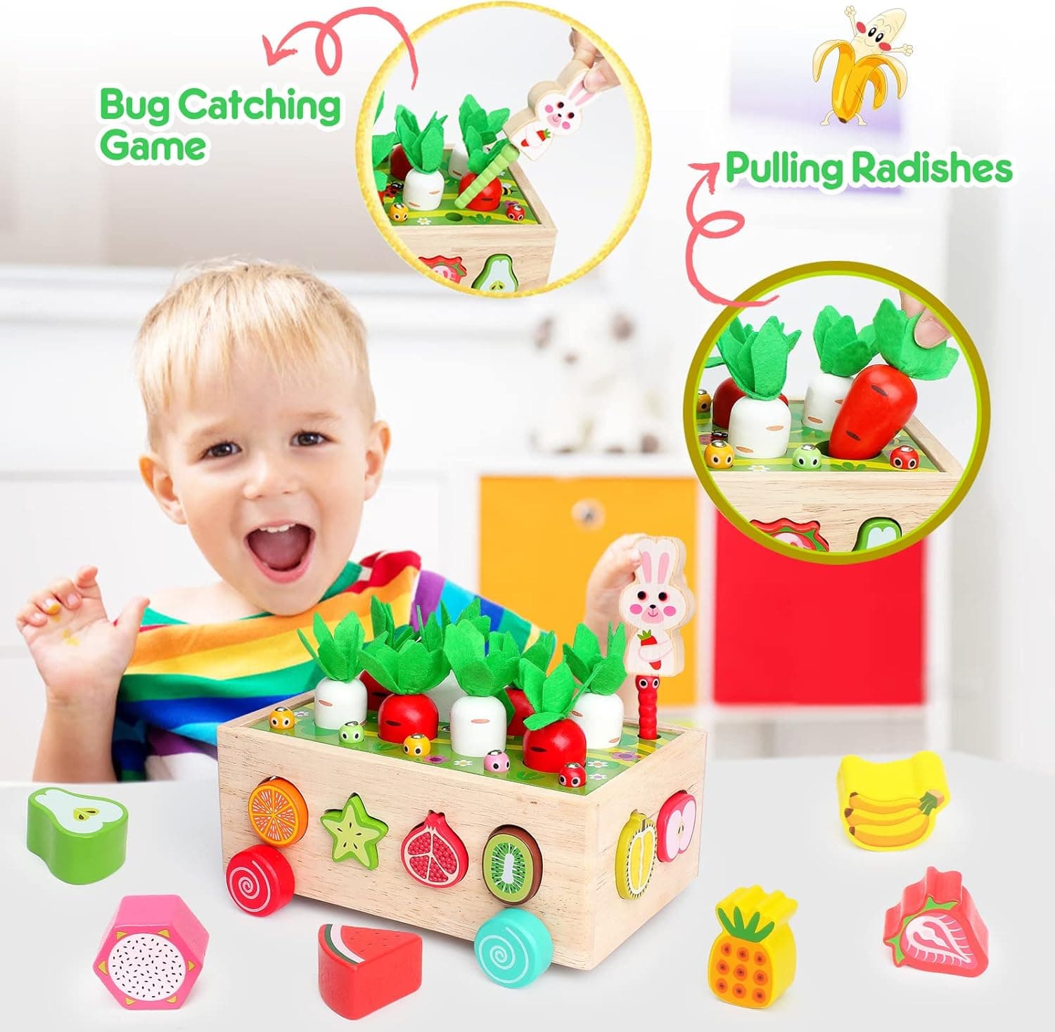 INSOON Montessori Toys for 1 2 3 4 Year Old Boy Girl,Wooden Educational Toy Multifunctional Orchard Car Toys Catching Worm Shape Sorting Carrot Harvest Learning Toys Gifts for Toddlers