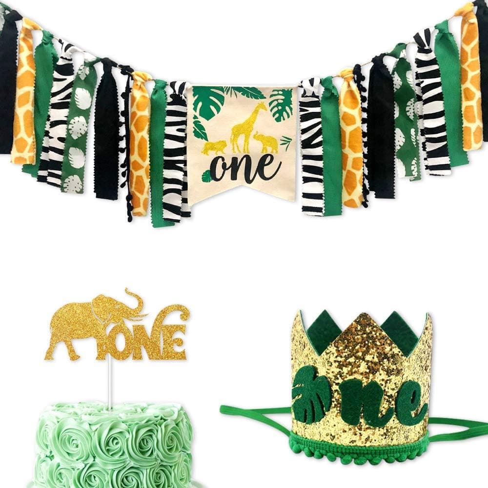 Safari Jungle Theme 1st Birthday Decorations, Wild One Highchair Banner, Baby First Birthday Crown Glitter Cake Topper for Kids Birthday Supplies