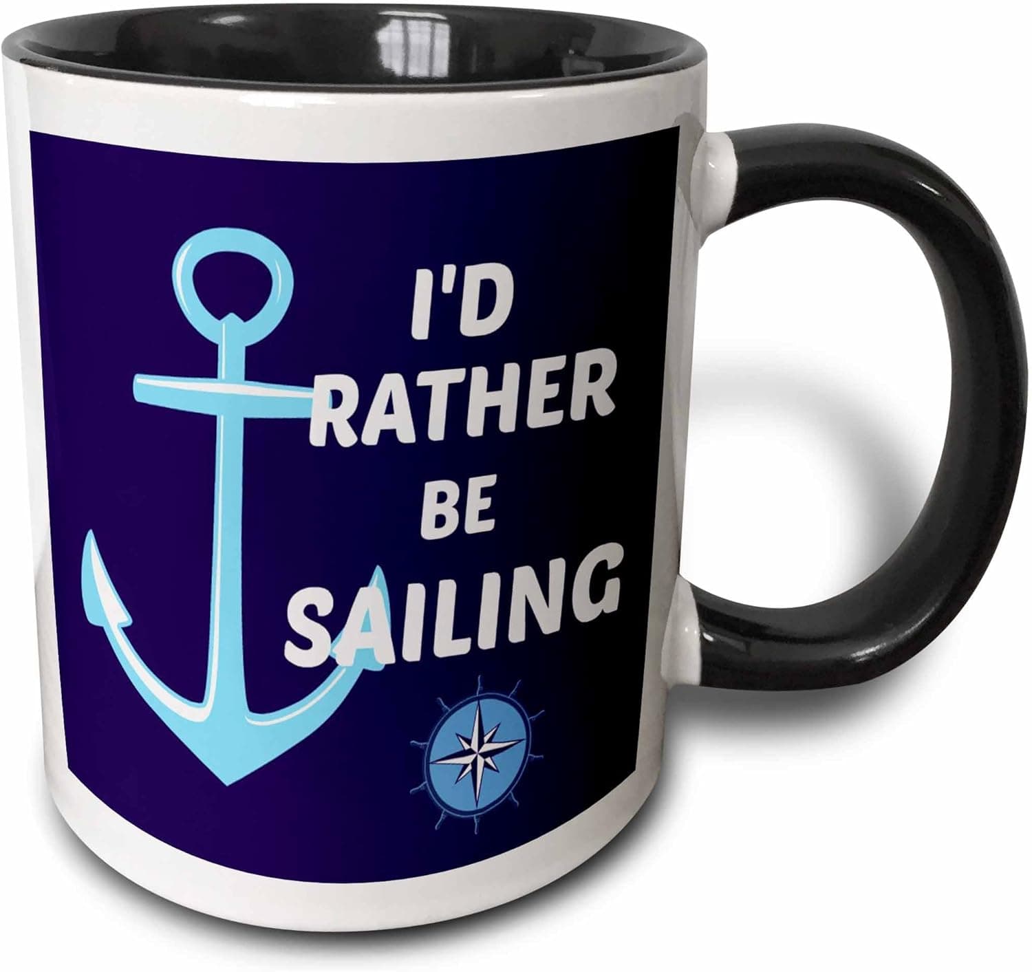 3dRose Id Rather Be Sailing Anchor, Mug, 11 oz, Black/White/Blue