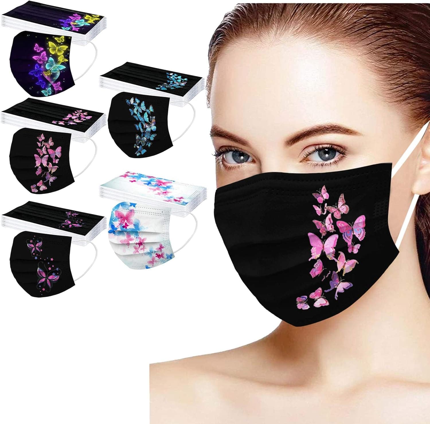 50PC Butterfly Printed Disposable Face_mask for Women with Cute Designs Fashion Designer Paper Face_masks for Adults Funny Face Protective Black Disposable Face_mask for Women , A#11