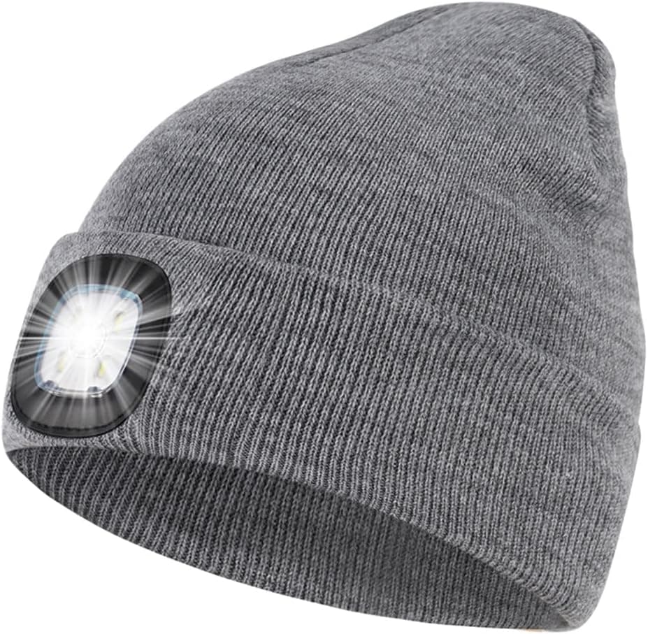 SUNPRO LED Beanie Hat with Light, Unisex Knit Lighted hat, USB Rechargeable Headlight Cap, Warm Winter Gifts for Men and Women Outdoor Dog Walking, Hiking, Camping Grey