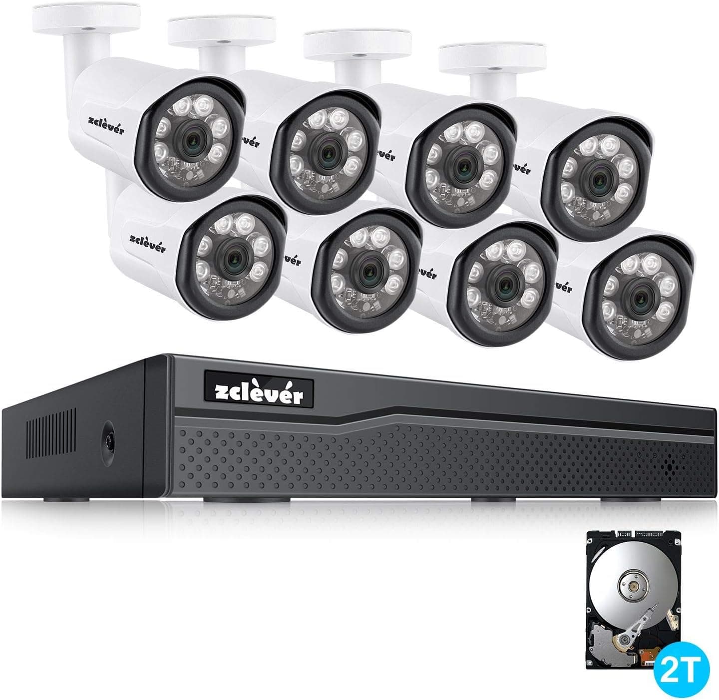 Zclever 1080P PoE Home Security Camera System, 8 Channel H.265+ NVR Recorder with (8) 2.0MP Outdoor/Indoor Surveillance CCTV Bullet IP Cameras, 100ft Night Vision, Built-in 2TB Hard Drive