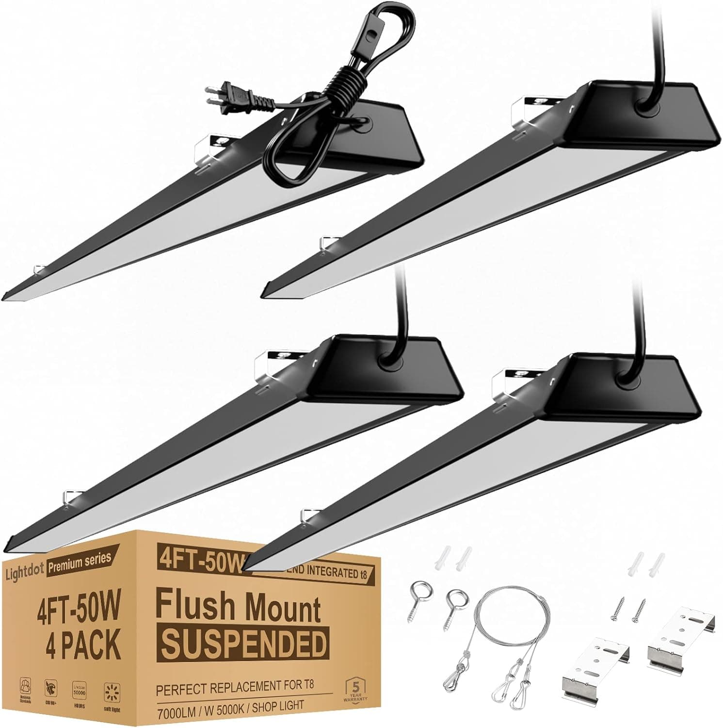 Lightdot Compact LED Shop Light 4FT, 50W 5000K Daylight [Eqv. to 200W HPS/WH] Surface/Suspend Mount Black LED Shop Light Fixtures with 5FT Cord Switch, Energy-Saving up to 1825W/5Y(5hrs/Day) 4Pack