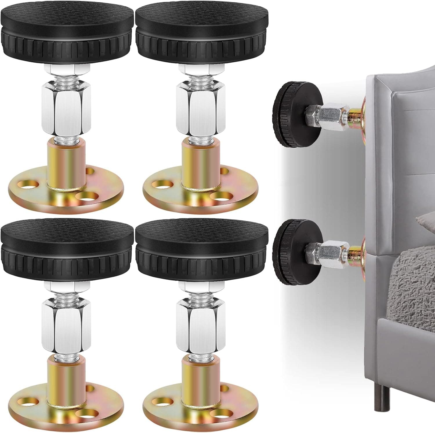 4 PCS Adjustable Threaded Bed Frame Anti-Shake Tool,Headboard Stoppers Fixer with Anti-Shake Hex Nut,Bedside Antishake Telescopic Support Stabilizer for Beds Room Wall Cabinets Sofas Cabinets Desks