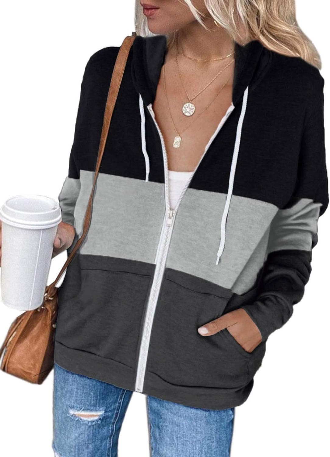 Acelitt Women's Ladies Casual Winter Long Sleeve Color Block Zip Up Zipper Hooded Sweatshirts Hoodies Coats Jackets with Pockets Black XL
