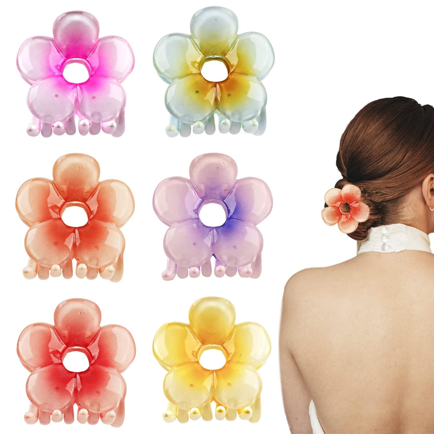 Flower Hair Clips for Thick Hair, 6Pcs Flower Claw Clips, Non Slip Cute Summer Fat Flower Hair Catch Barrettes Jaw Clamps for Women Girls, Bridal Headdress Party Decoration Accessories