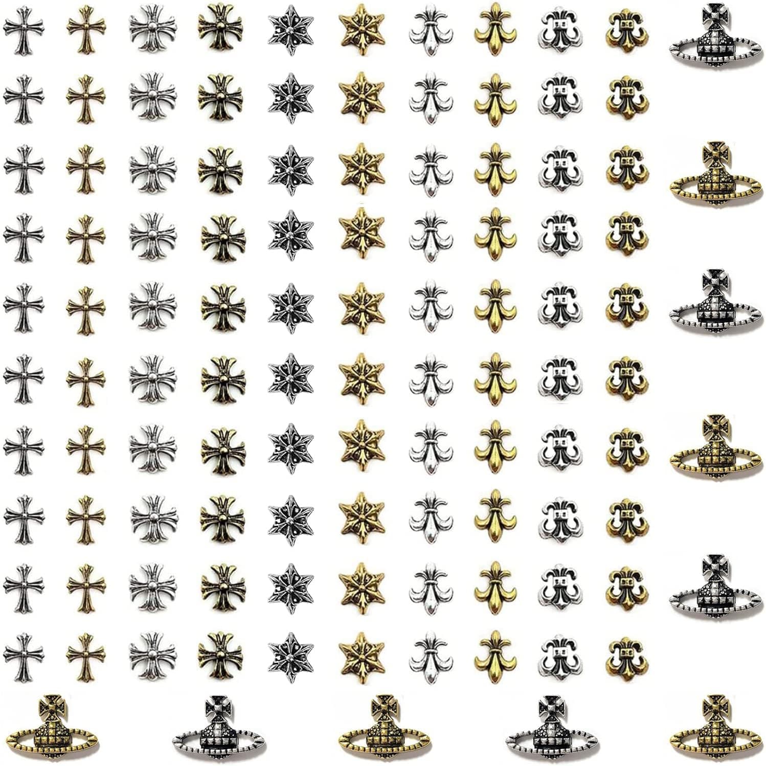 110Pcs Cross Nail Charm 3D Nail Charms for Acrylic Nails Punk Vintage Metal Silver Gold Nail Rhinestones Planet Nail Gems Nail Art Supplies for DIY Nail Decorations (Retro Silver & Gold)