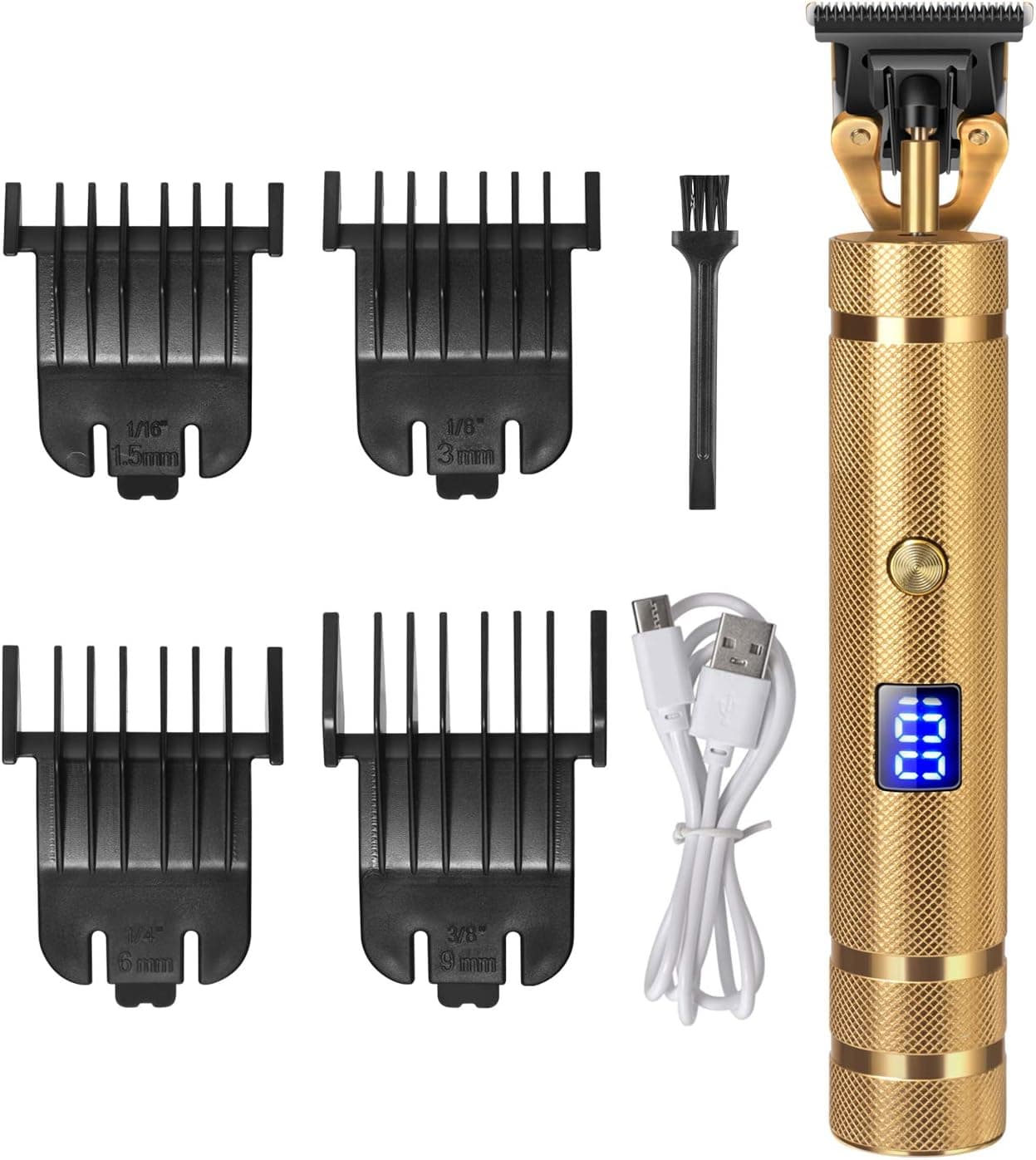 Electric Pro Li Clippers Barber Accessories Grooming LCD Rechargeable Cordless Close Cutting T-Blade Trimmer Hair Clippers for Men（Gold） (Gold)