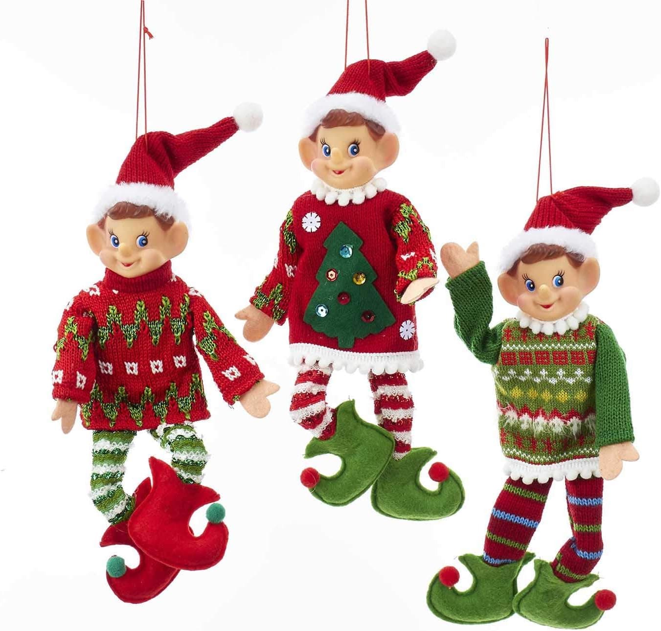 Kurt Adler Traditional Christmas Elves 11” (Red & Green) Set of 3 Polyester Ornaments for Home Décor