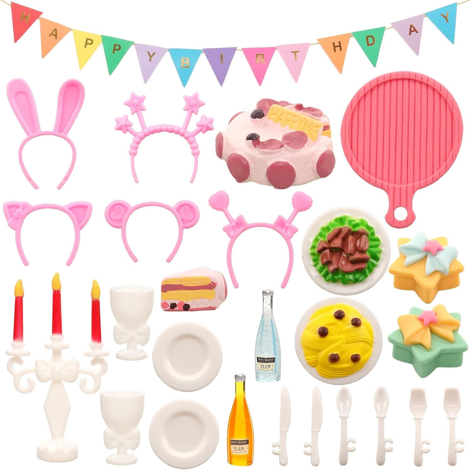 BARWA 26 PCS Doll Happy Birthday Decorations Party Supplies Including Banners Presents Cakes Tray Headband Wine Bottle Candlelight Dinner Accessories for 11.5 Inch Girls Dolls