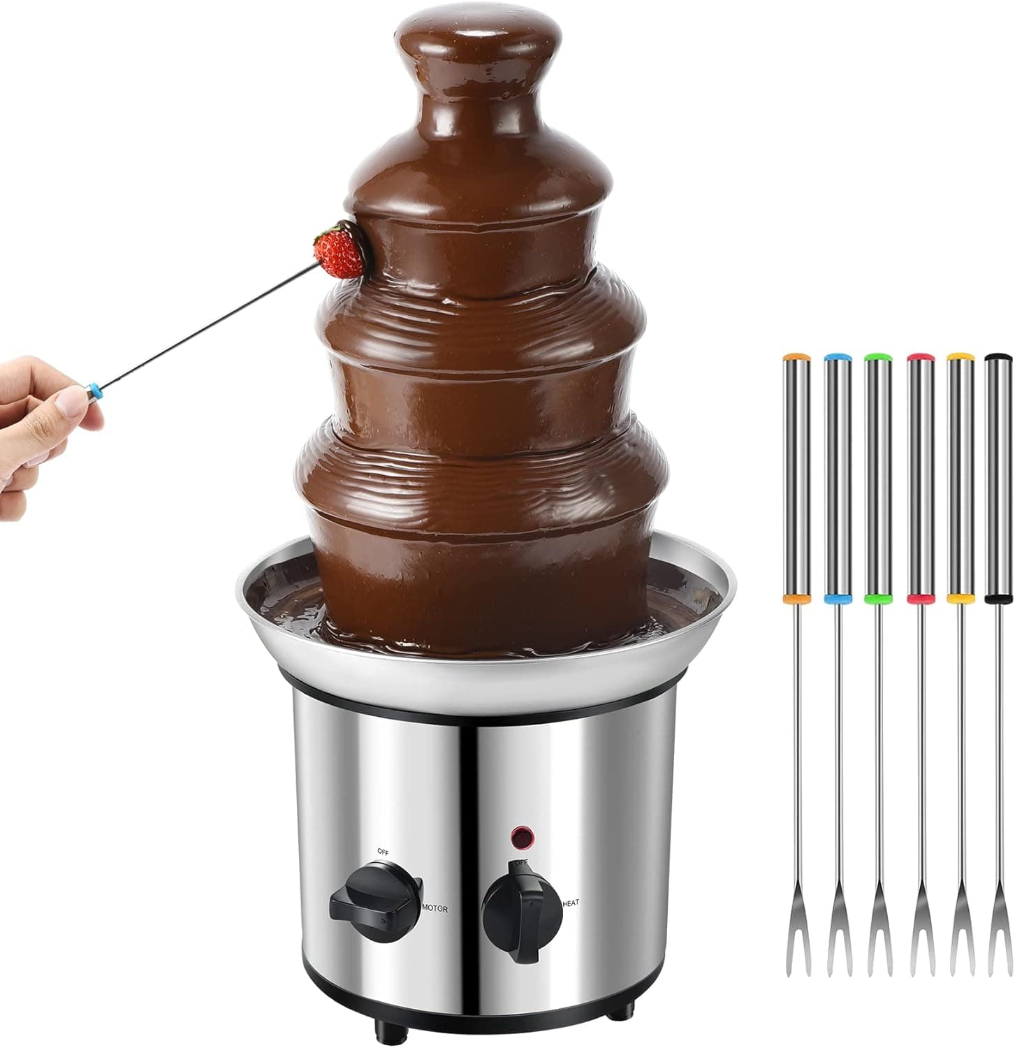 Chocolate Fountain, 4 Tiers Electric Melting Machine Chocolate Fondue Fountain Set with 6pcs Stainless Steel Forks, 4-Pound Capacity, Stainless Steel Cascading Fondue Heat Motor Controls Pot for Nacho Cheese, BBQ Sauce, Ranch