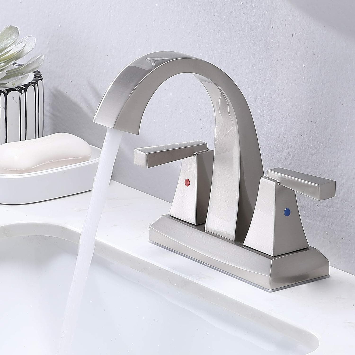 VESLA HOME Modern Solid Brass 2 Handles 2 Holes 4 Inch Centerset Brushed Nickel Bathroom Faucet,Lavatory Vanity Bathroom Sink Faucet with Water Supply Lines.