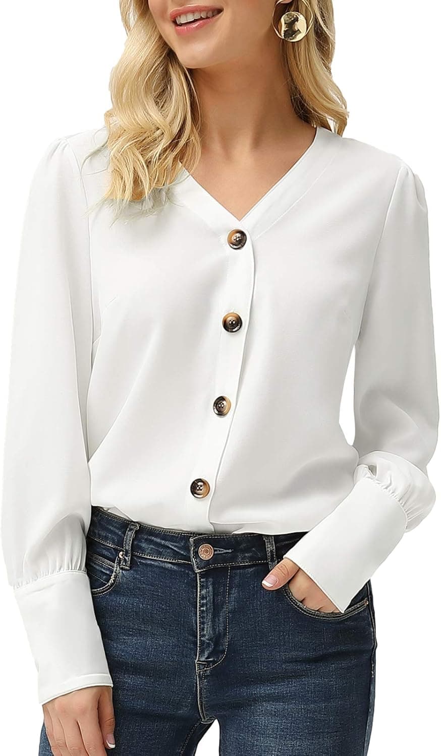 GRACE KARIN Women's V Neck Long Sleeves Top Button Up Curved Hem Blouse White XL