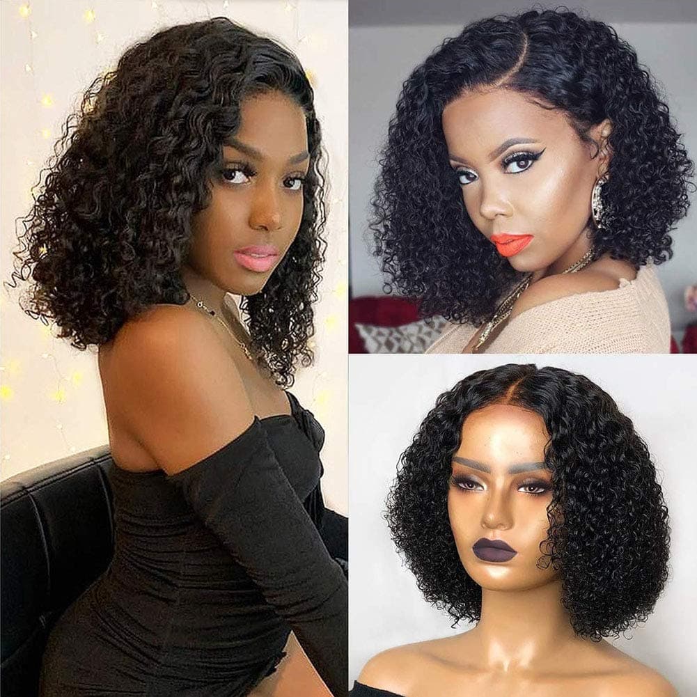 Queen Story Bob Wig Human Hair Short HD Lace Front Wigs for Black Women 150% Density Glueless Curly 4x4 Lace Closure Wigs Brazilian Virgin Hair Bleached Knots Pre Plucked with Baby Hair 14 Inches