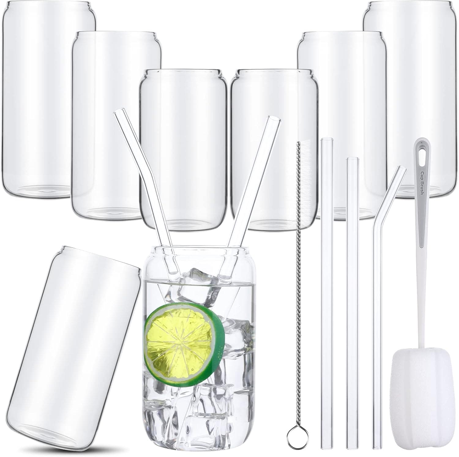 6-Pack 16oz/500ml Can Shaped Glass Cups Set Drinking Glasses Can with Glass Straws Beer Can Glasses Tumbler Cup for Iced Coffee, Cocktails, Juice, Smoothies, Mixed Drink