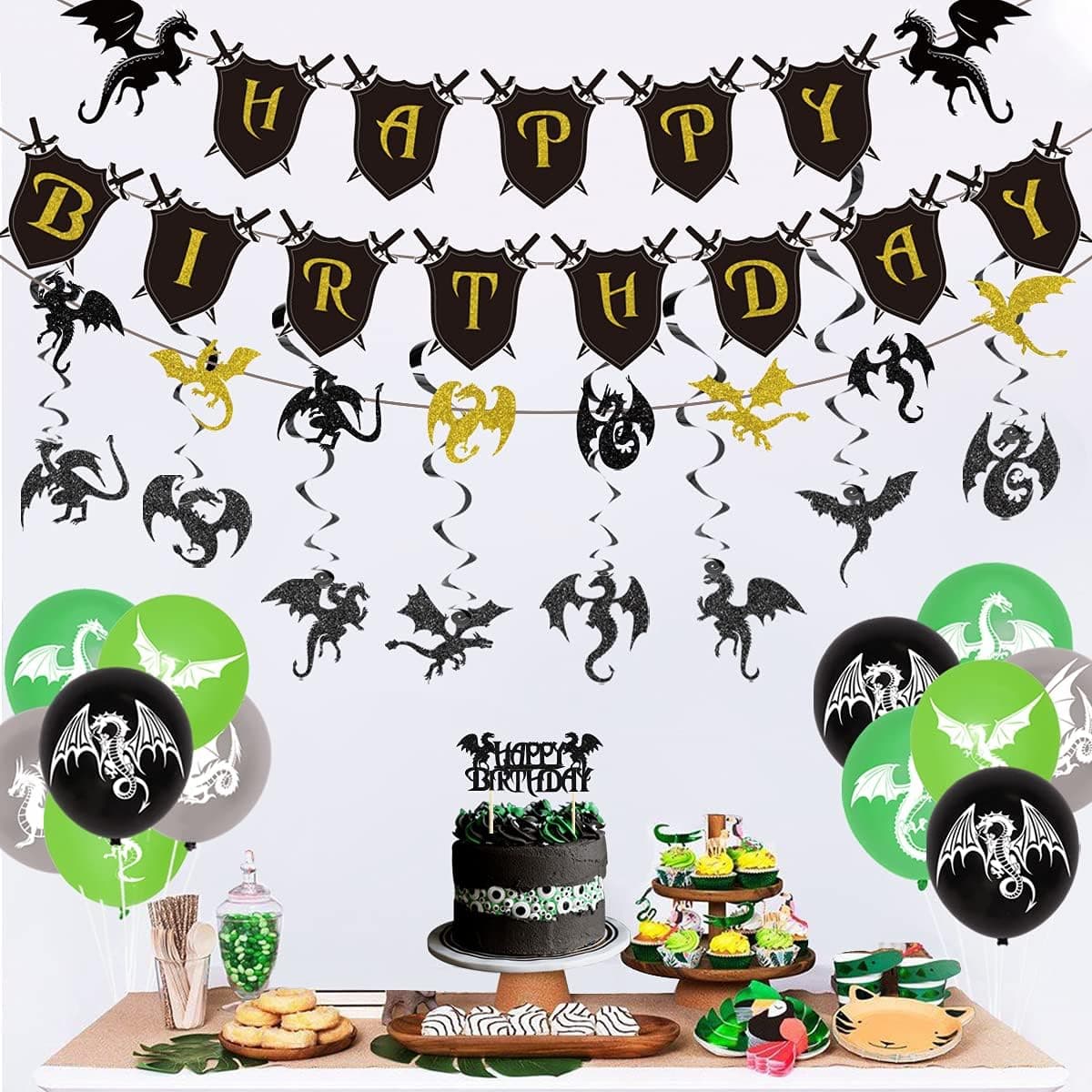 Dragon Birthday Party Decorations for Boys, Green and Black Dragon Themed Party Decorations - Cake Topper, Happy Birthday Banner Garland, 12 Pcs Dragon Hanging Swirls for Adults Kids Birthday