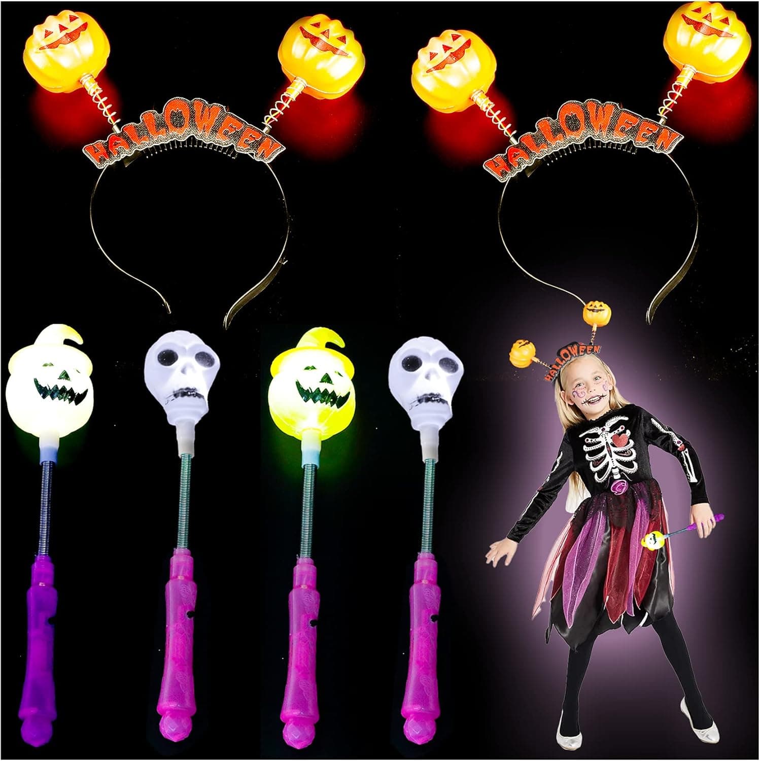 TONULAX Halloween Party Favors,Set of 2 LED Light Up Pumpkin & Skull Headband, 4 PCS of Halloween Glowing Wand Stick LED Hand Stick, Halloween gifts, Light Up Toys for kids, Halloween Treats Goodie Bag Fillers