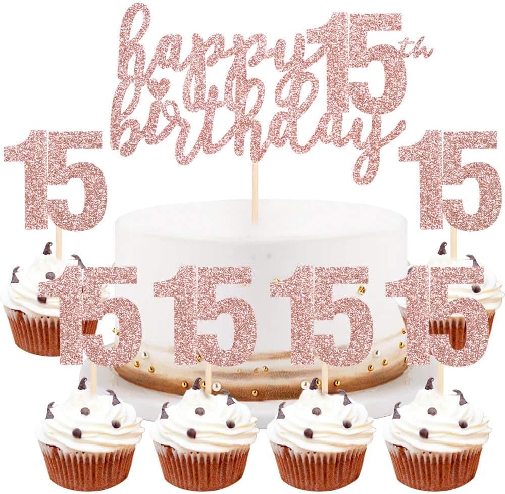 LVEUD Happy Birthday Cake Topper Rose Gold 15th Birthday Happy Cake Topper,Digital 15 Paper Cup Cake Topper,Birthday Party Decorations(1+6) (15)