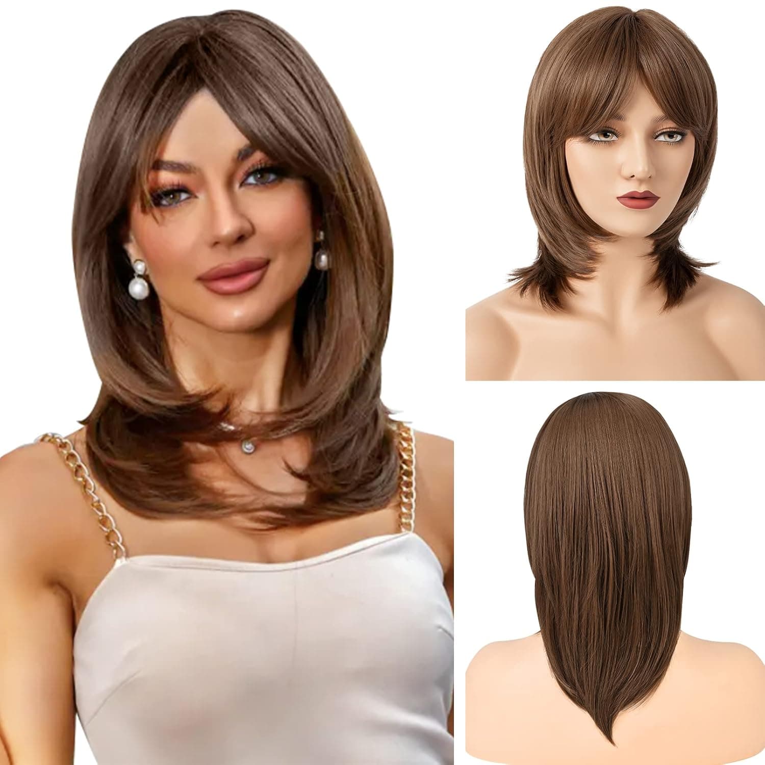 LONAI Brown Wigs with Bangs for Women, Shoulder Length Layered Synthetic Short Wig for Daily Use Party-Brown