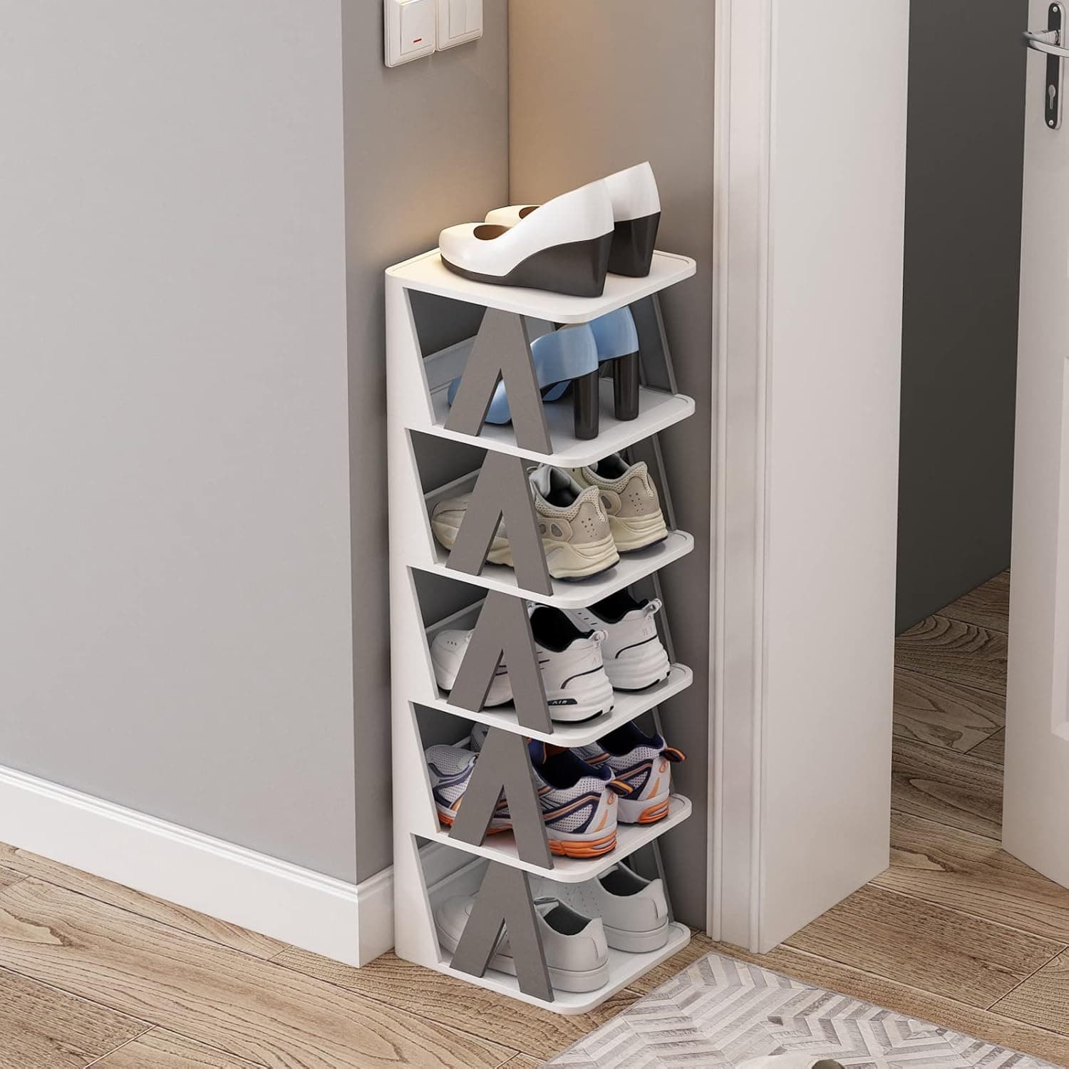Eiiel 5-Tier(6 Pairs) Free Standing Shoe Rack for Closet, Entryway, Narrow Vertical Shoe Slots Organizer for Small Space, Plastic Shoe Shelf for Women, Kids, Stackable, Grey