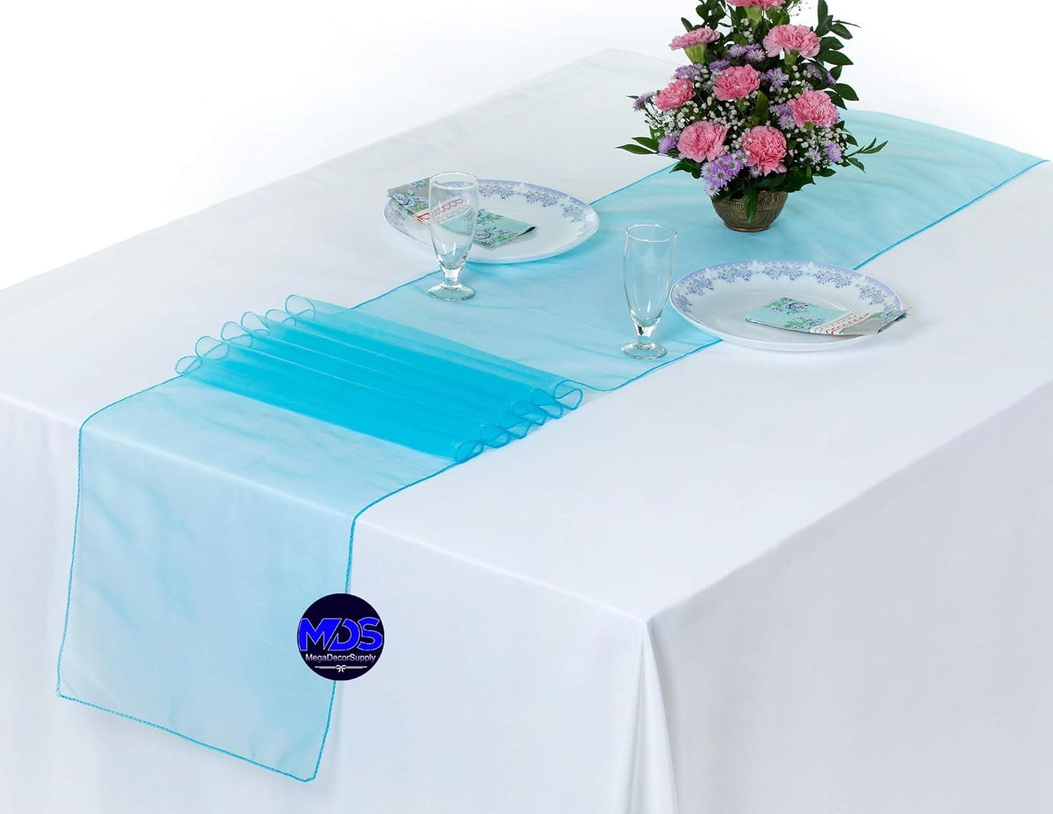MDS Pack of 15 Wedding 12 x 108 inch Organza Table Runner for Wedding Banquet Decor Table Runner- Light Teal