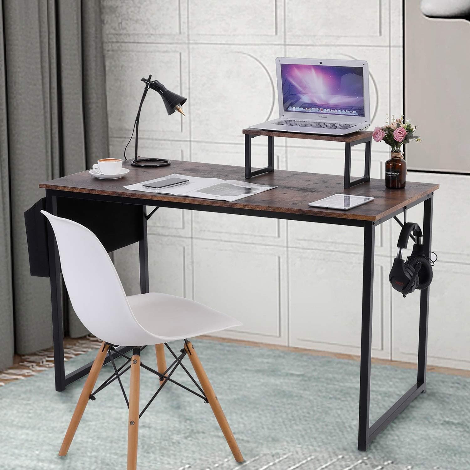 Dryadalis Computer Desk 47.2" Modern Simple Style PC Table, Home Office Writing Desk Student Study Desk with Wooden Laptop Standand, Storage Bag, Iron Hook,Rustic Brown