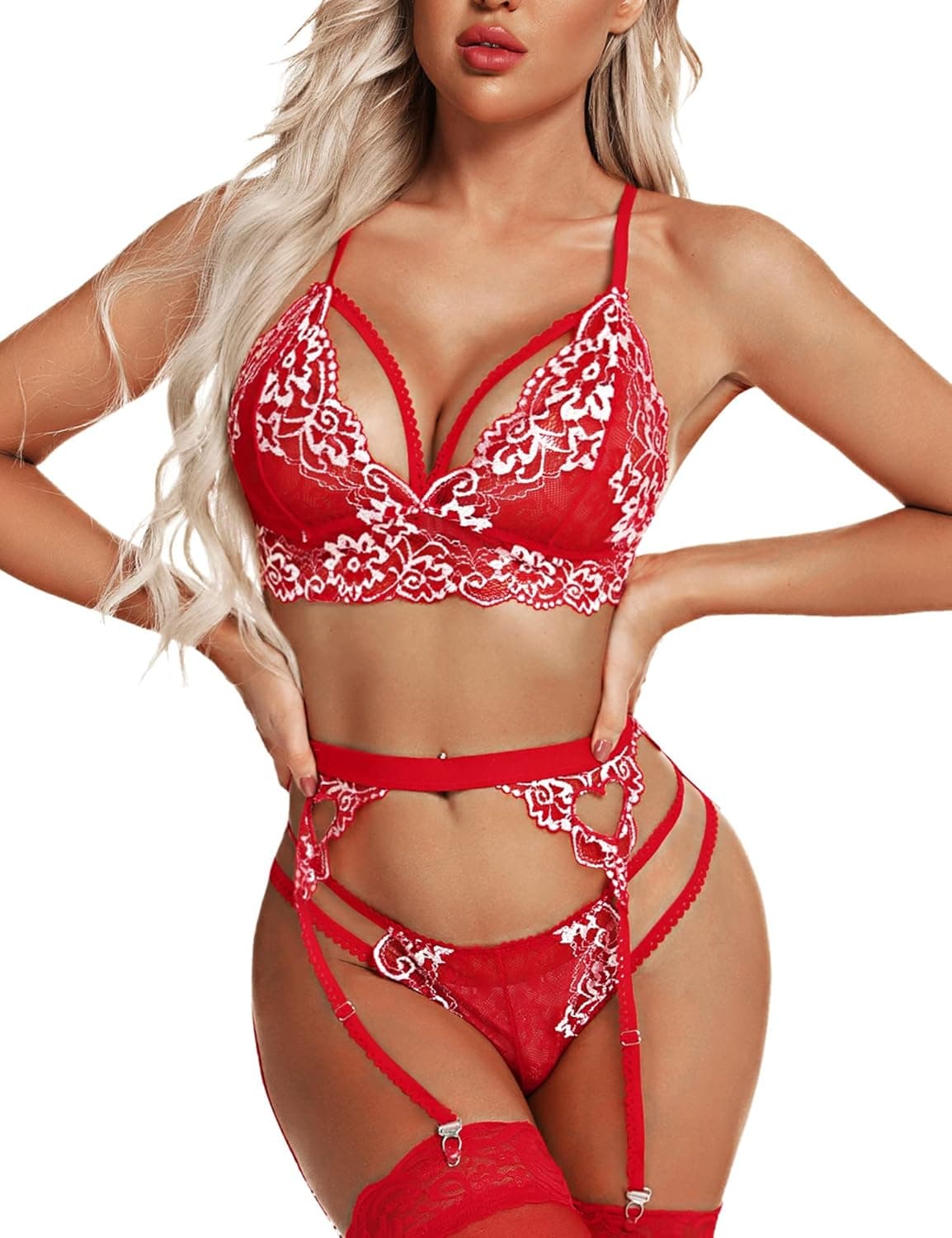 Donnalla Garter Lingerie for Women, Exotic Lace Lingerie, Sexy 3 Piece Lingerie Set