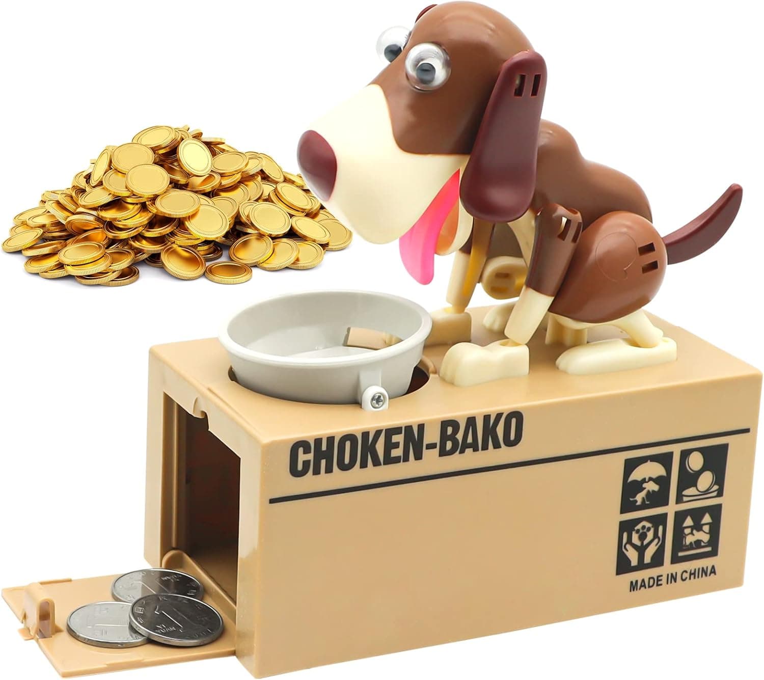 Cute Dog Piggy Bank,SAYTAY Hungry Puppy Stealing Coins Like Magic Coin Munching Money Bank Birthday Gift for Kids (Brown)