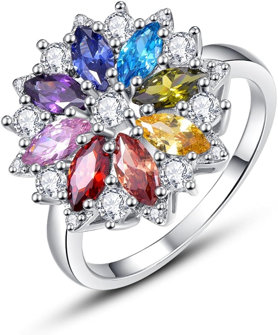 Merthus 3x6mm Marquise Cut Simulated Gemstones 925 Sterling Silver Chakra Cluster Flower Ring for Women