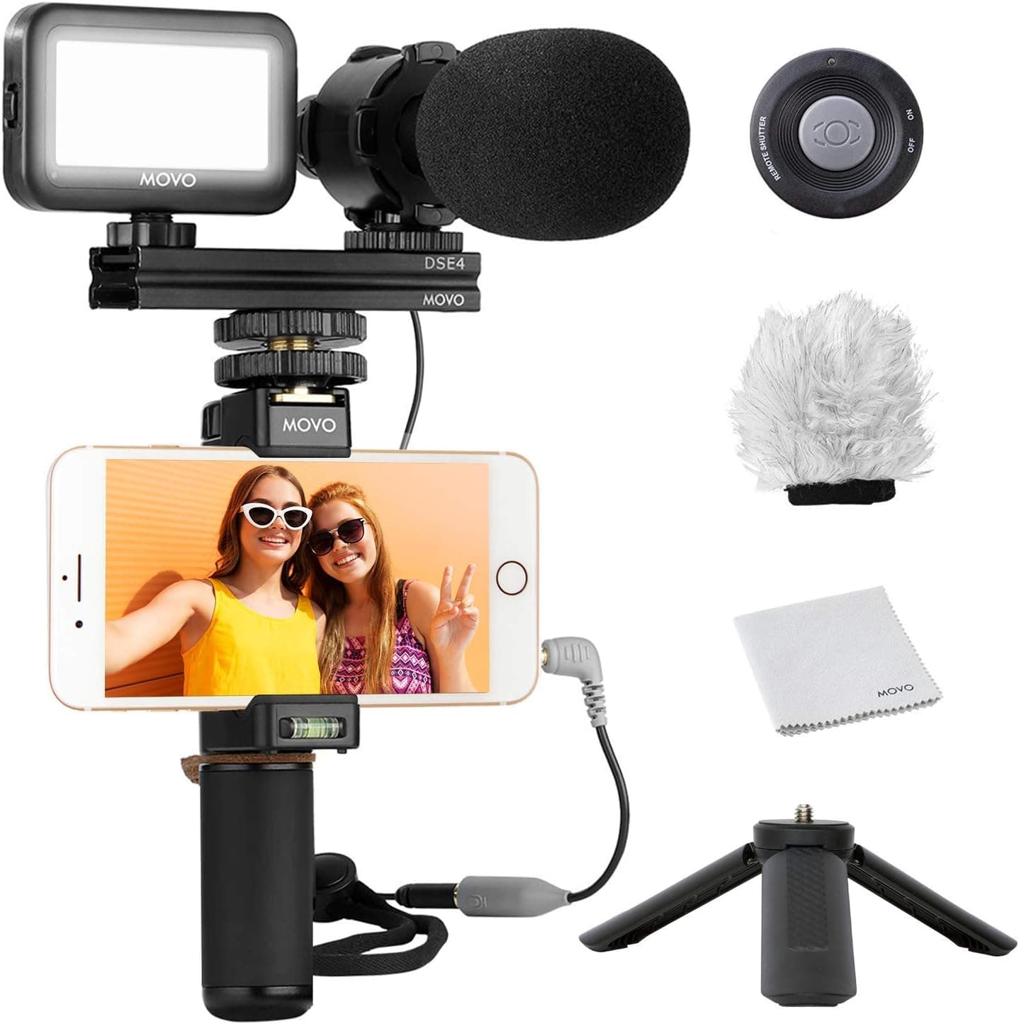 Movo Tripod Vlog Kit V7 - YouTube Starter Kit with Tripod, Grip, Stereo Microphone, Light and Wireless Remote Vlogging Kit for iPhone - YouTube Equipment for iPhone/Android - iPhone Vlogging Kit