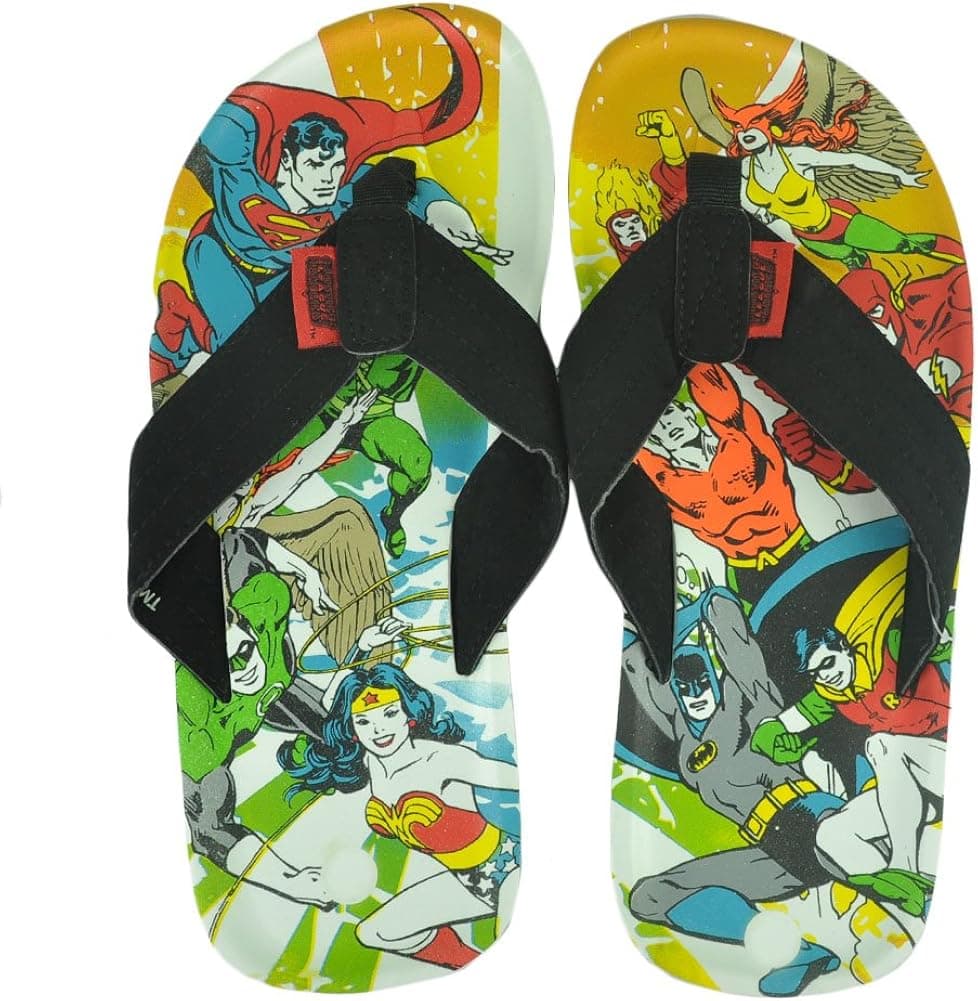 Justice League of America Action Print Superhero Flip Flop Sandals | M