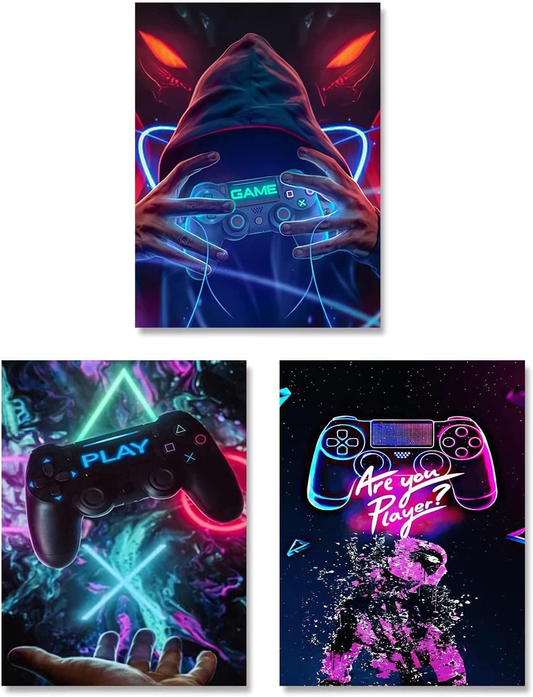 Neon Gaming Art Posters, 12"x16" Video Game Canvas Wall Art, Gamepad Playstation Controller Decorative Interior Painting Wall Art Posters for Teenage Boys Room Playroom Decor, (Set of 3-Unframed)