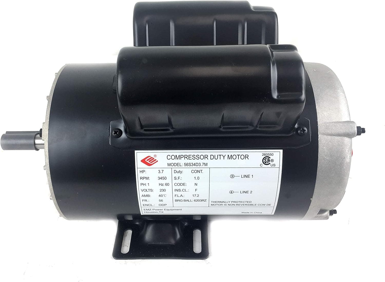 3.7 HP 3450 RPM, 56 Frame, 230V, 17.2Amp, 5/8" Shaft, Single Phase NEMA Air Compressor Motor - EM-04