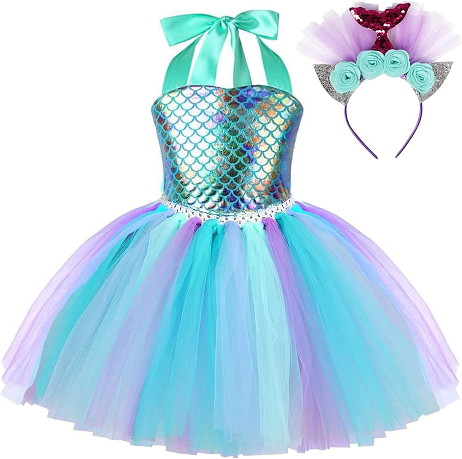 Sinmoocy Little Girls Mermaid Tutu Skirts Birthday Party Dress Up Dress Mermaid Costume Outfits with Headband